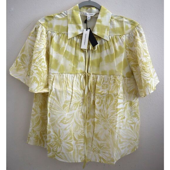 Banana Republic Women Petite Sz XS Yellow Floral Matte Silk Tie-Front Shirt - Picture 1 of 9
